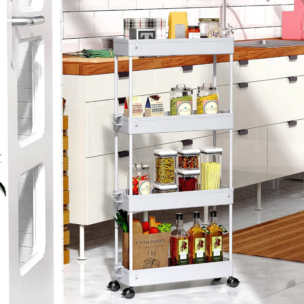 Multifunctional Floor Storage Shelves Rack Organiser with Wheels 4-Layer White AS977