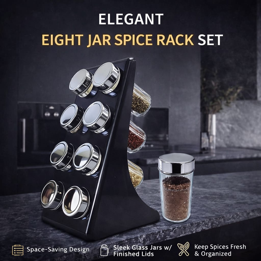 Spice Rack Set with 8 Brass Finish Lidded Jars