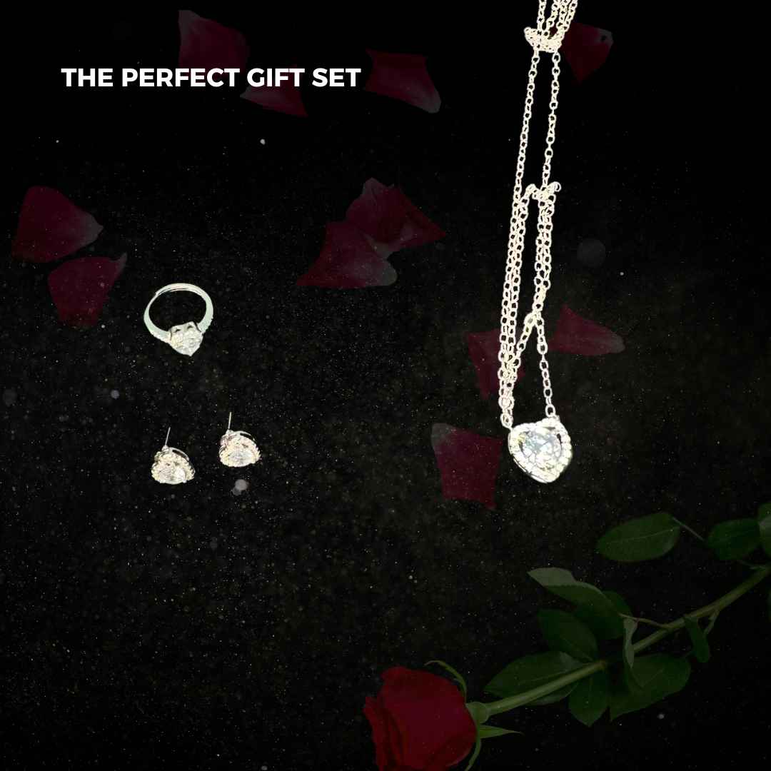 Metal Rose With Luxury Zircon Pendant Necklaces Flower Valentine Gift Set