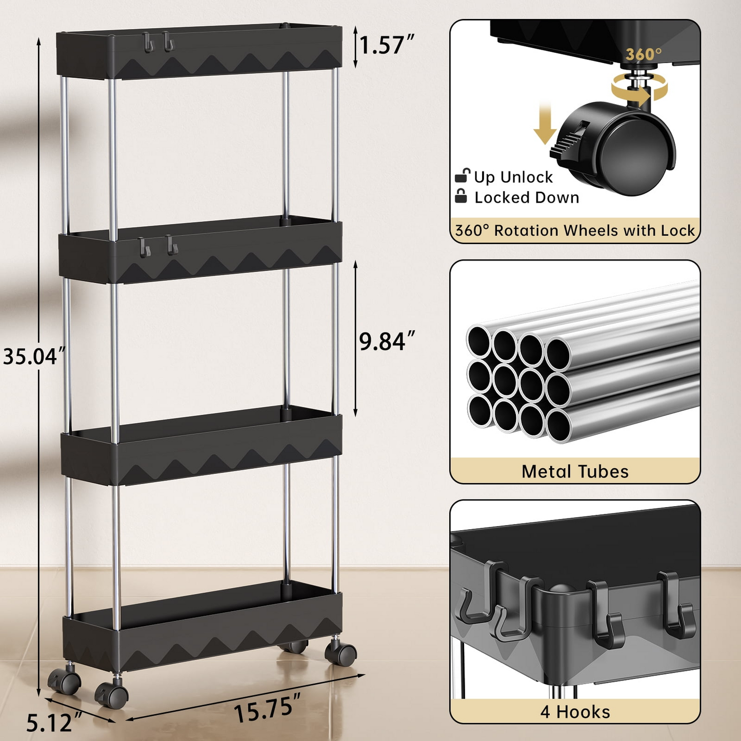 4 Tier Slim Rolling Storage Cart, Bathroom Storage Organizer, AS-23