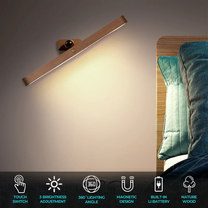 Magnetic LED Wooden Wall Light - 360° Rotatable & Dimmable Touch Control Multi-Purpose LED Lights