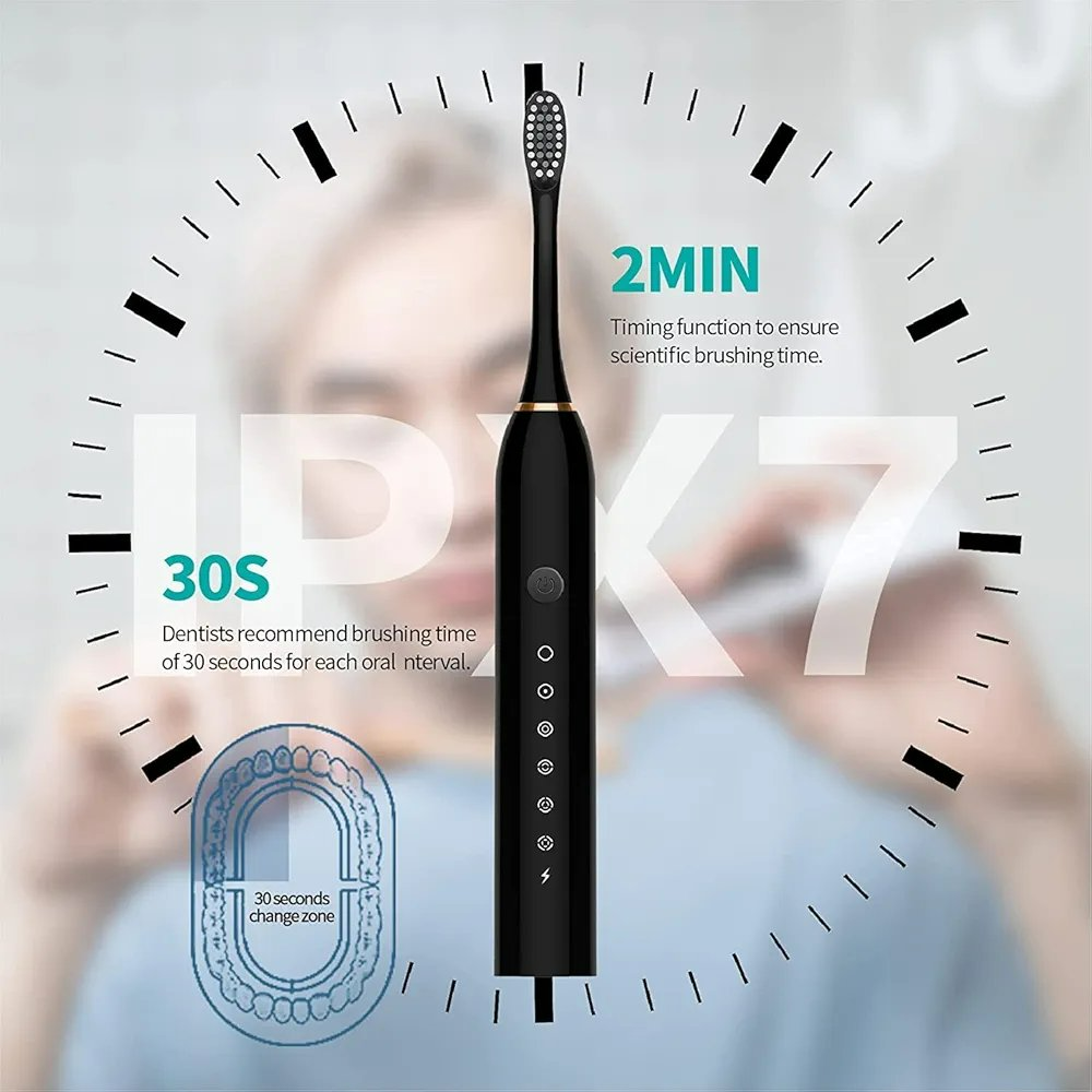 Sonic Electric Toothbrush, USB Rechargeable with 3 Brush Heads & 6 Modes | IPX7 Waterproof for Adults and Kids