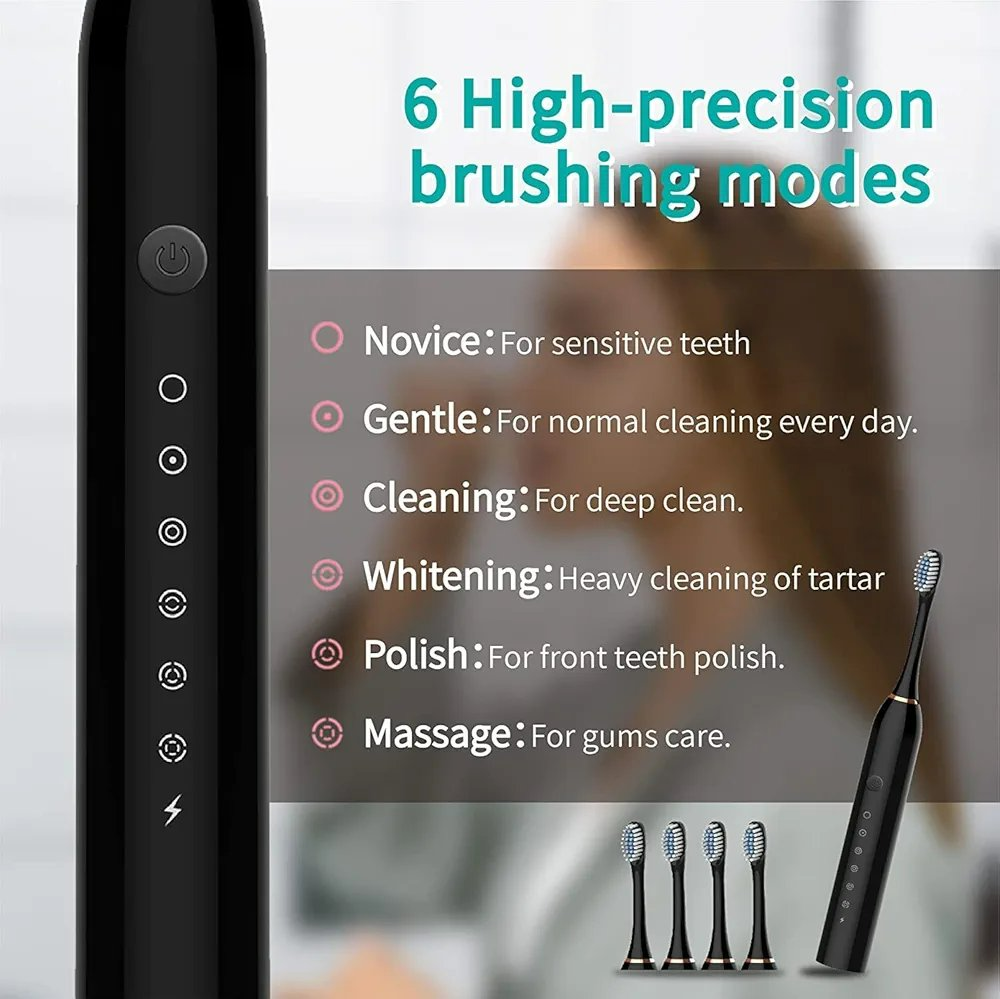 Sonic Electric Toothbrush, USB Rechargeable with 3 Brush Heads & 6 Modes | IPX7 Waterproof for Adults and Kids