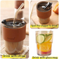 Coffee Mug Glass Tumbler With Silicone Straw and Lid 360 ml, Cup With Leather Sleeve