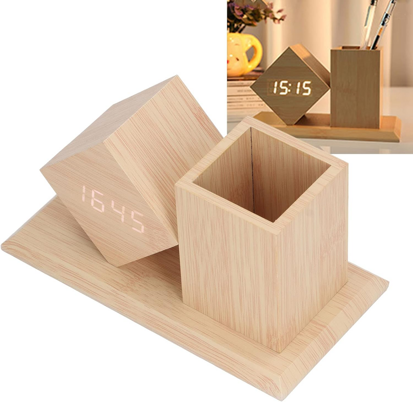 🪵 Wood Pen Holder Clock – Smart LED Desk Organizer ⏰✨