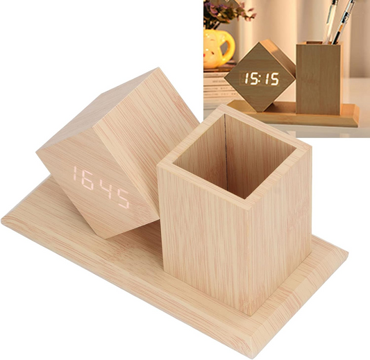 🪵 Wood Pen Holder Clock – Smart LED Desk Organizer ⏰✨