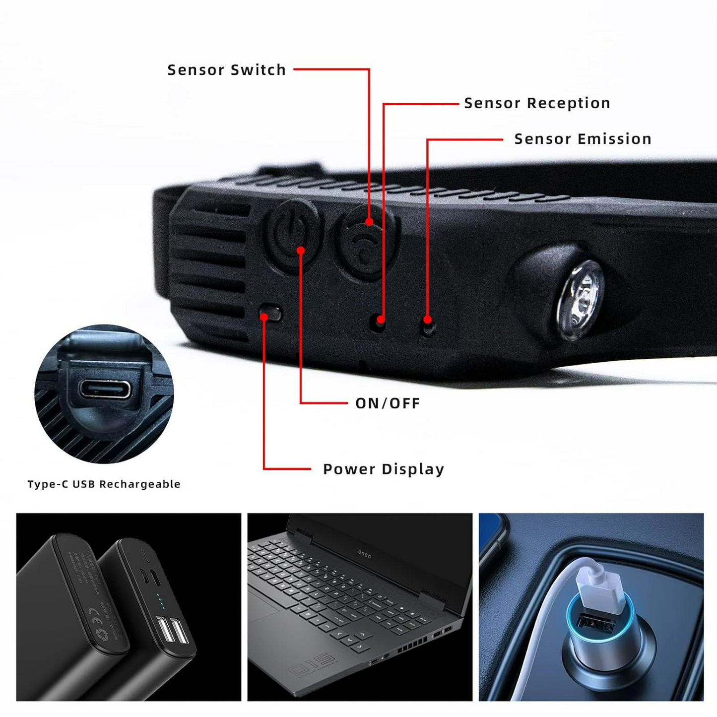 Coba Bright Rechargeable Headlamp Flashlight, 8 Lighting Modes with Motion Sensor Head Lamp CB-811-1