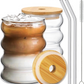 DrinkingWavy Glasses with Bamboo Lids and Glass Straw 14oz