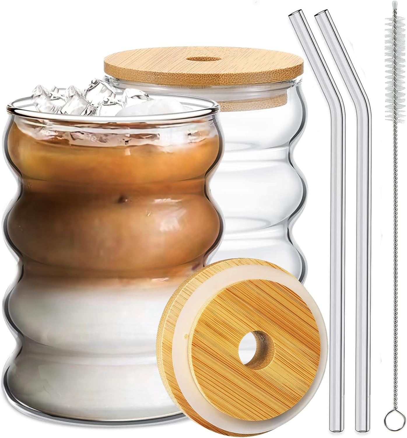 DrinkingWavy Glasses with Bamboo Lids and Glass Straw 14oz
