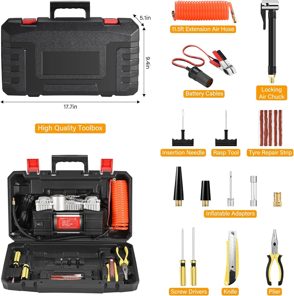 Portable Air Compressor Pump Tire Inflator with Digital Gauge, Heavy Duty Double Cylinder 12V Tire Pump 150 PSI with Tire Repair Kit MK-718