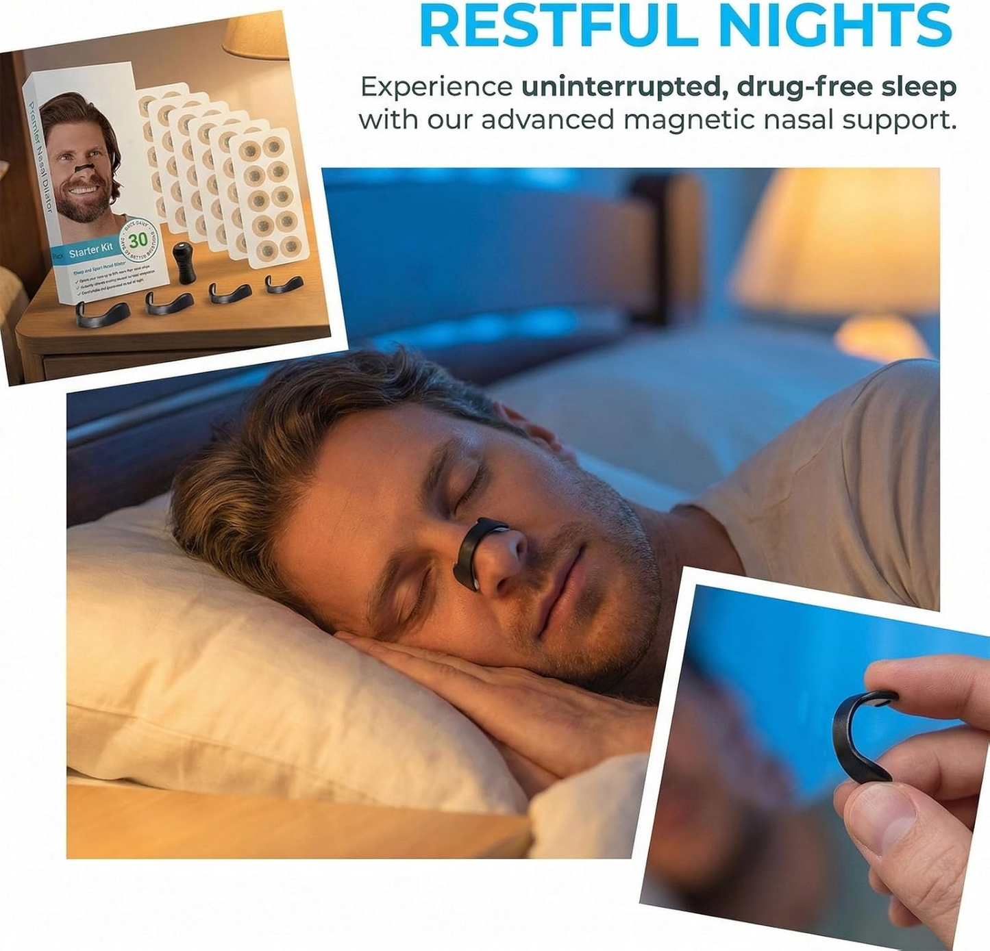 Magnetic Nasal Strips Snoring Relief Kit with Nose Clip - Breathing enhancer