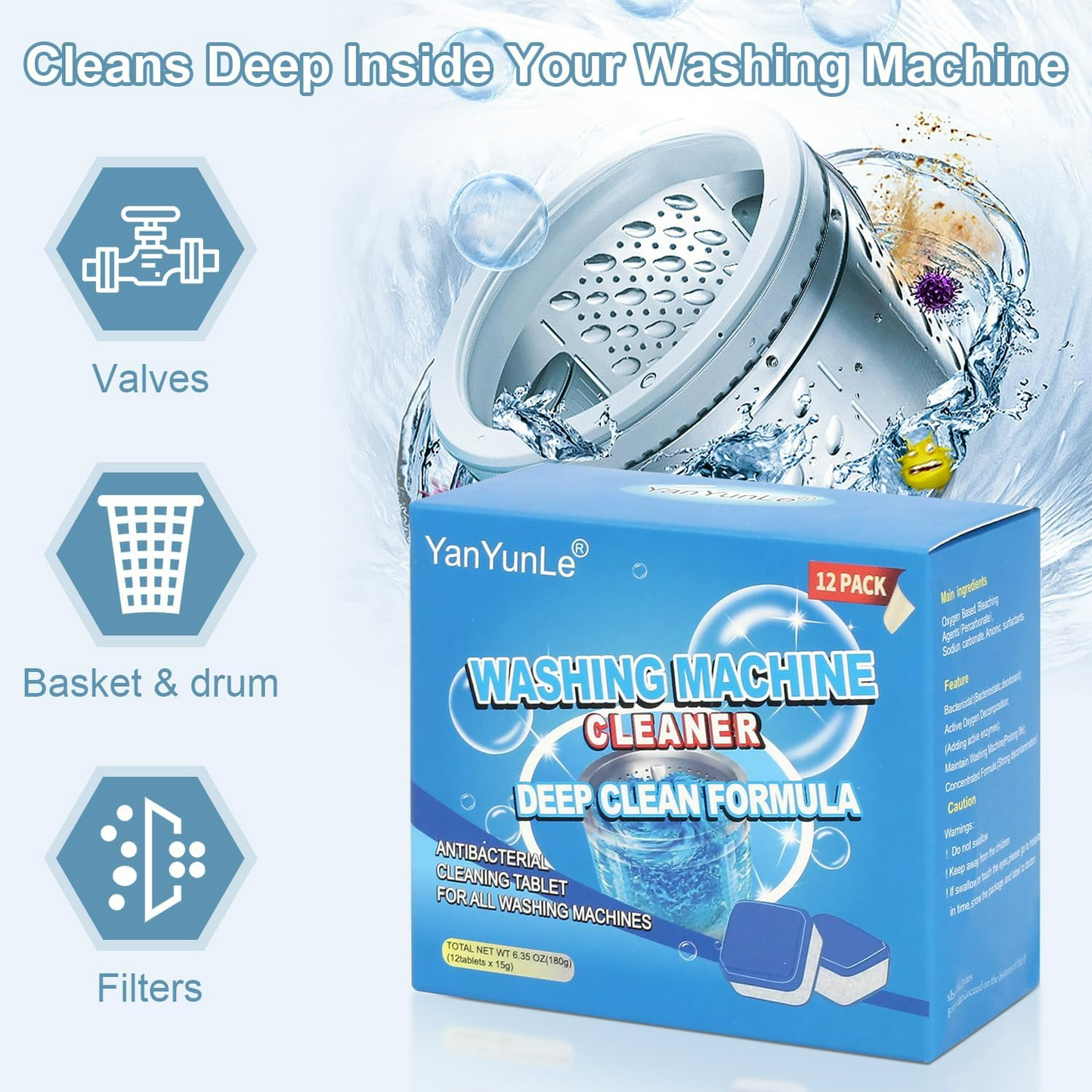 Washing Machine Cleaner Descaler Pack Of 12 - Deep Cleaning Tablet