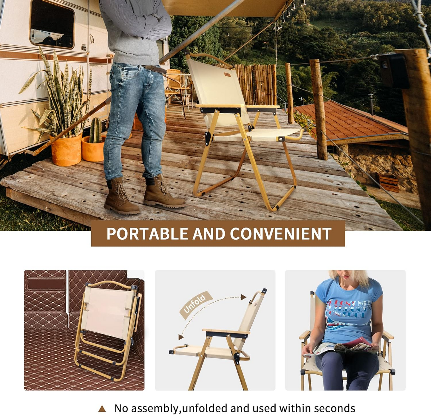 Folding Chair Camping Chairs for Adults Wood Armrest Black