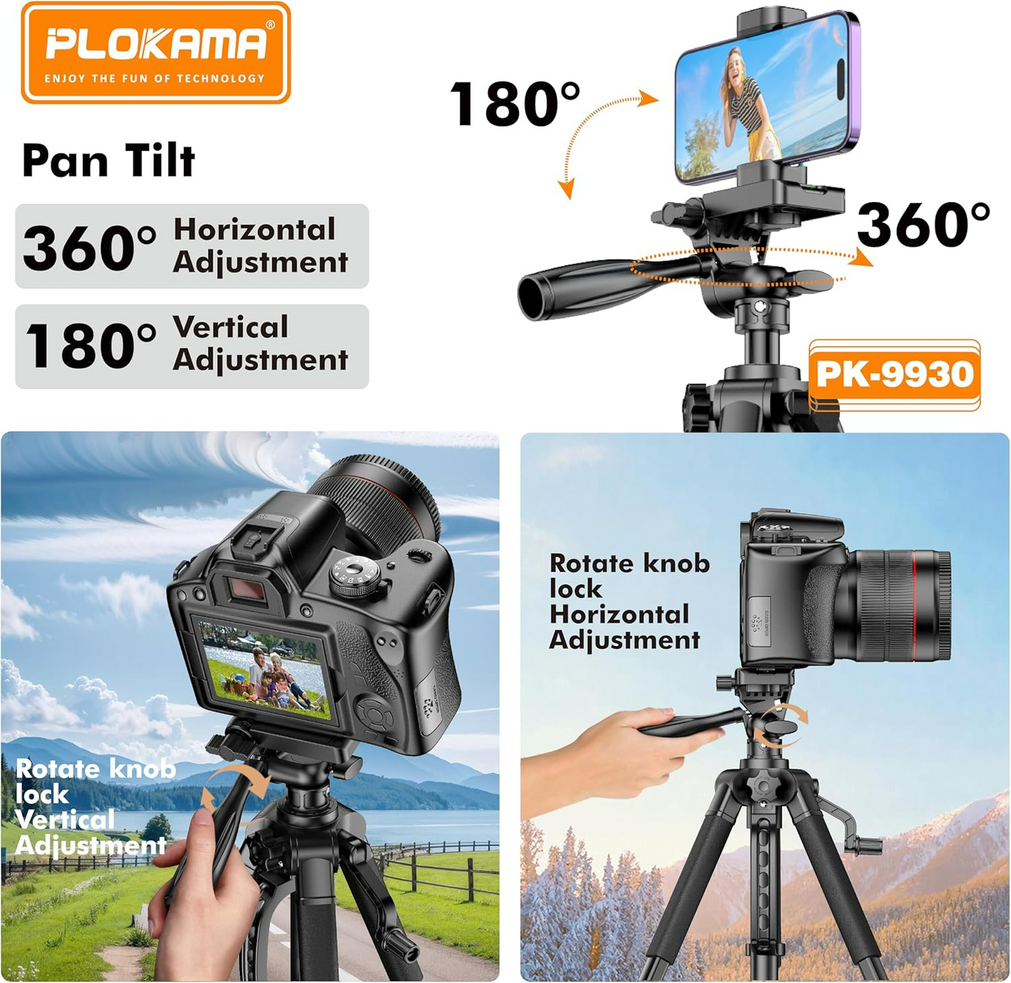 PLOKAMA Professional Tripod 150cm – 360° Rotation with Bluetooth Remote PK-9950