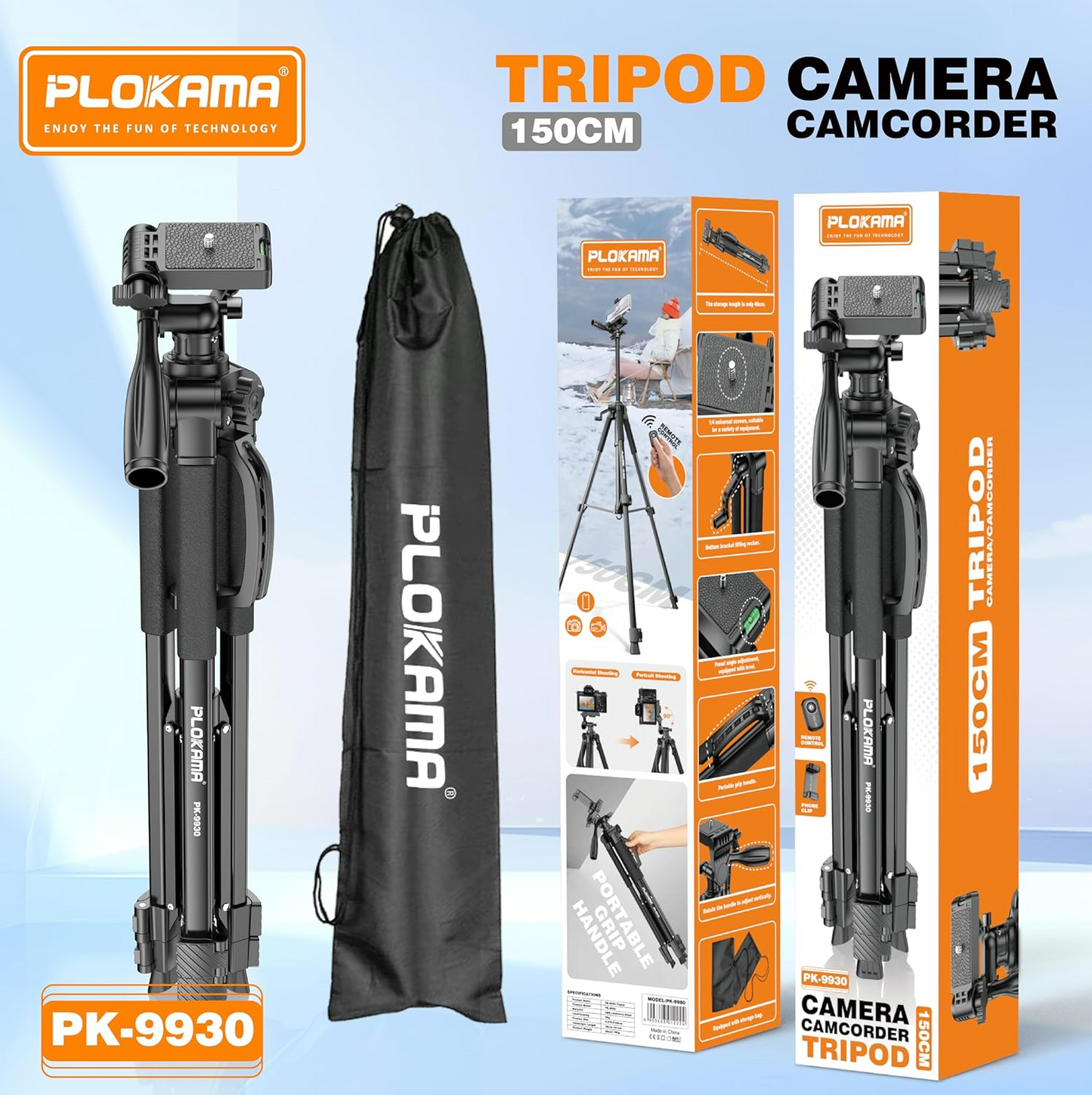 PLOKAMA Professional Tripod 150cm – 360° Rotation with Bluetooth Remote PK-9950
