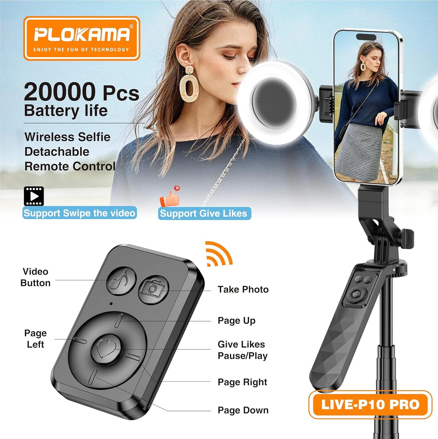 Plokama 3 IN 1 Selfie Stick Tripod with LED Light & Remote Live-P10 Pro