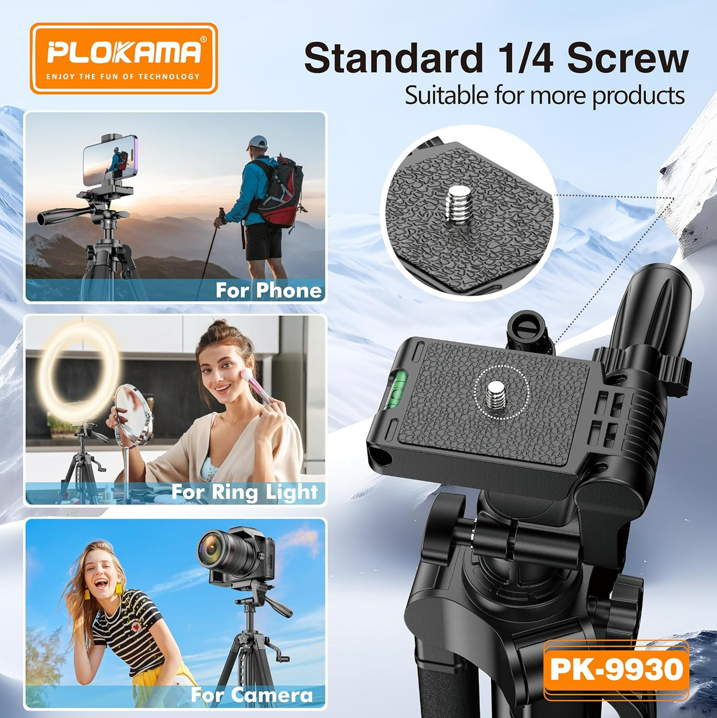 PLOKAMA Professional Tripod 150cm – 360° Rotation with Bluetooth Remote PK-9950