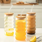 DrinkingWavy Glasses with Bamboo Lids and Glass Straw 14oz