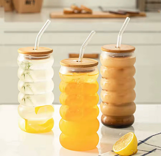 DrinkingWavy Glasses with Bamboo Lids and Glass Straw 14oz