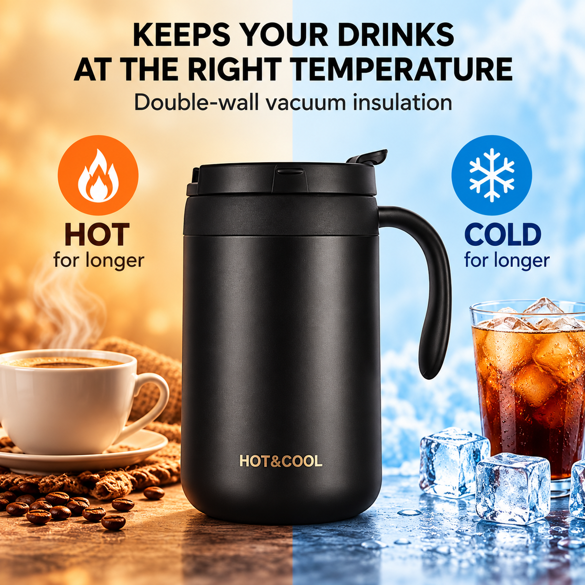 Black double wall stainless steel vacuum mug