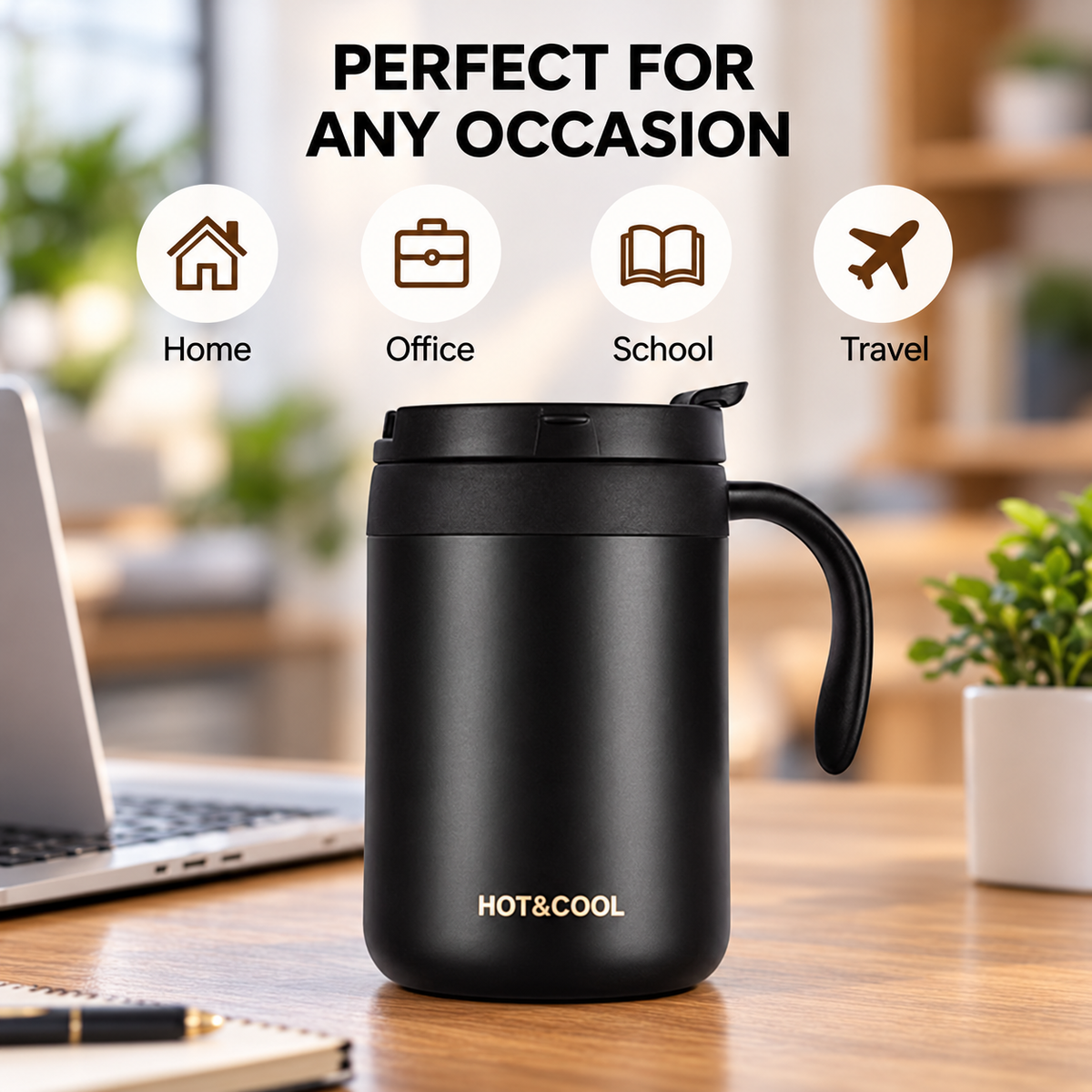 Black double wall stainless steel vacuum mug