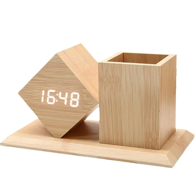 🪵 Wood Pen Holder Clock – Smart LED Desk Organizer ⏰✨