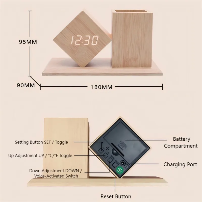 🪵 Wood Pen Holder Clock – Smart LED Desk Organizer ⏰✨