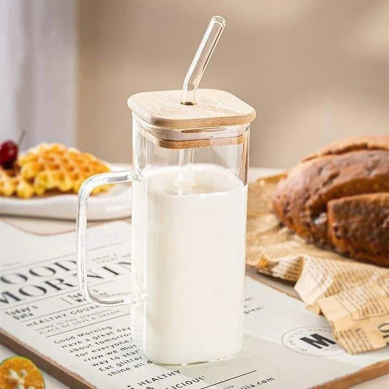 Coffee Can Shaped Glass With Lid And Straw 500Ml