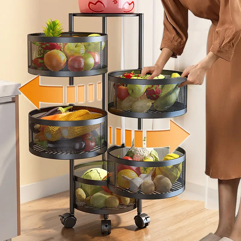 4 Or 5 Layer Round Basket Kitchen Rotating Metal Storage Cages With Wheels Cart