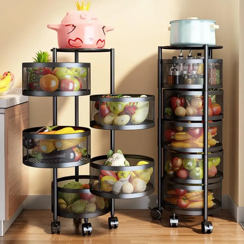 4 Or 5 Layer Round Basket Kitchen Rotating Metal Storage Cages With Wheels Cart