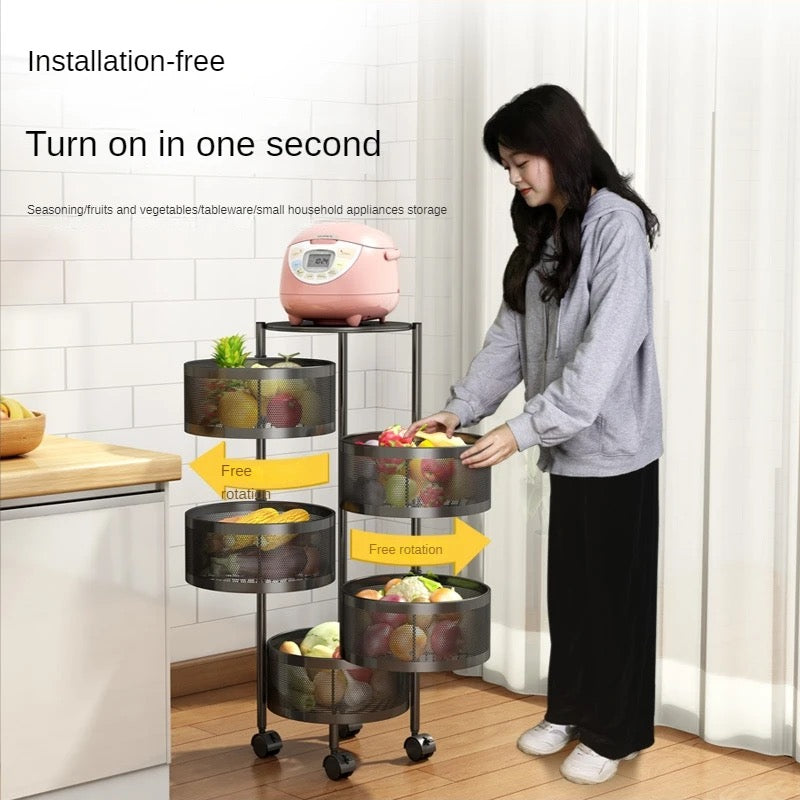 4 Or 5 Layer Round Basket Kitchen Rotating Metal Storage Cages With Wheels Cart