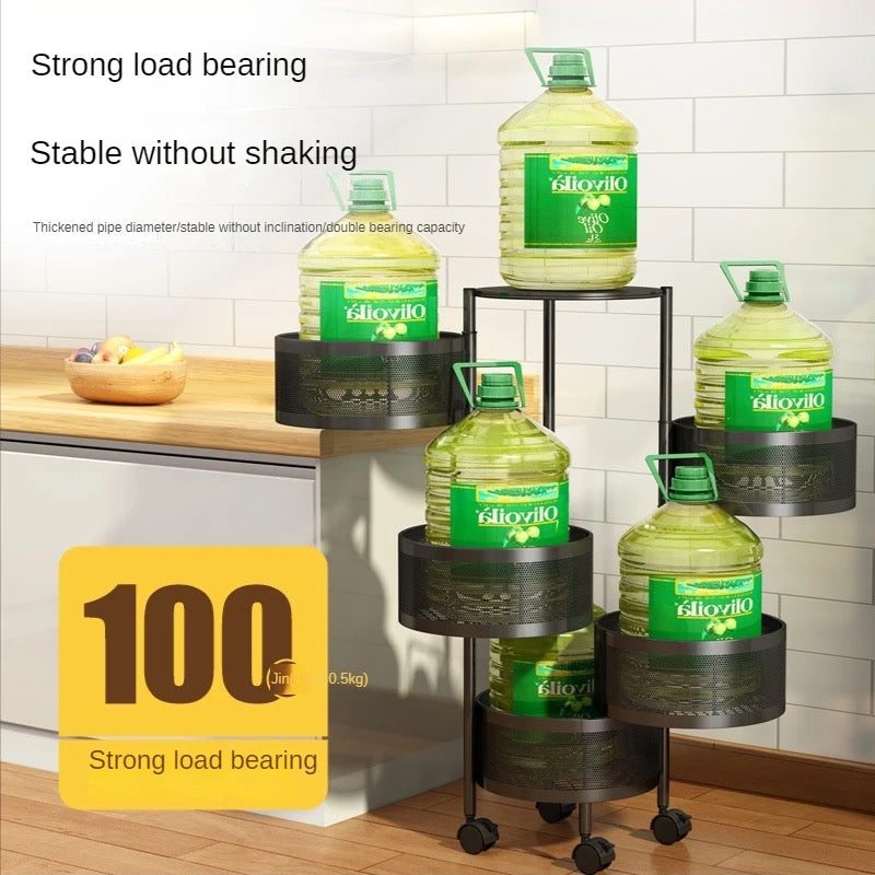 4 Or 5 Layer Round Basket Kitchen Rotating Metal Storage Cages With Wheels Cart