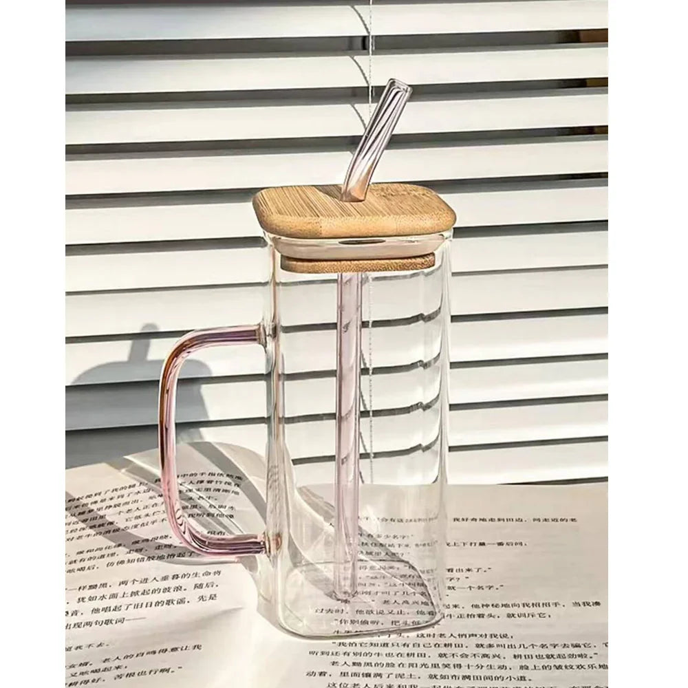 Coffee Can Shaped Glass With Lid And Straw 500Ml