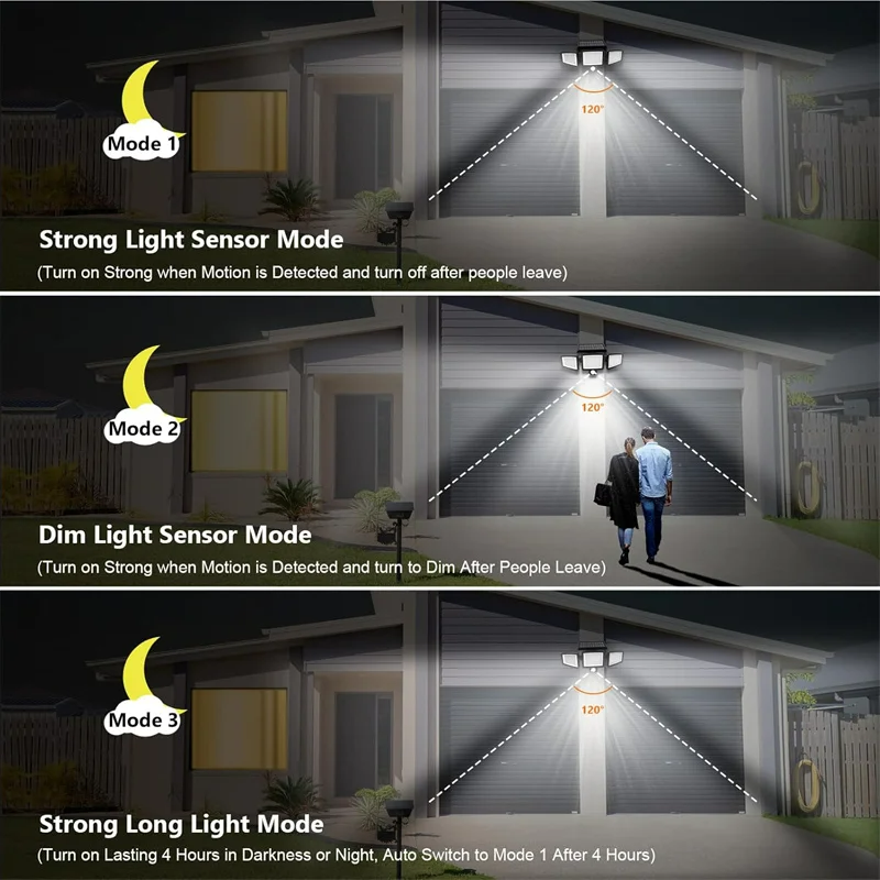 Solar Garden Wall Lights 108 LED 2 Or 3 Head Motion Sensing Technology
