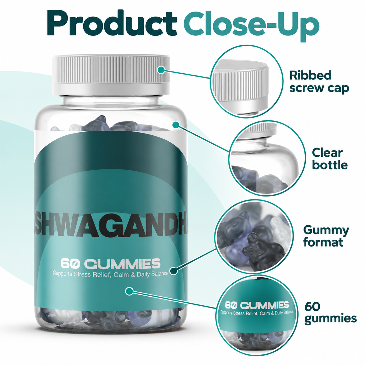 Ashwagandha Gummies bottle and gummy close-up