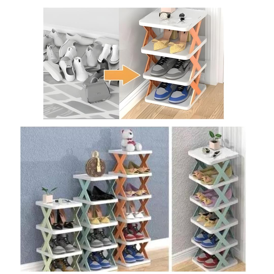 6 Layer Folding Shoe Rack Plastic Adjustable Blue