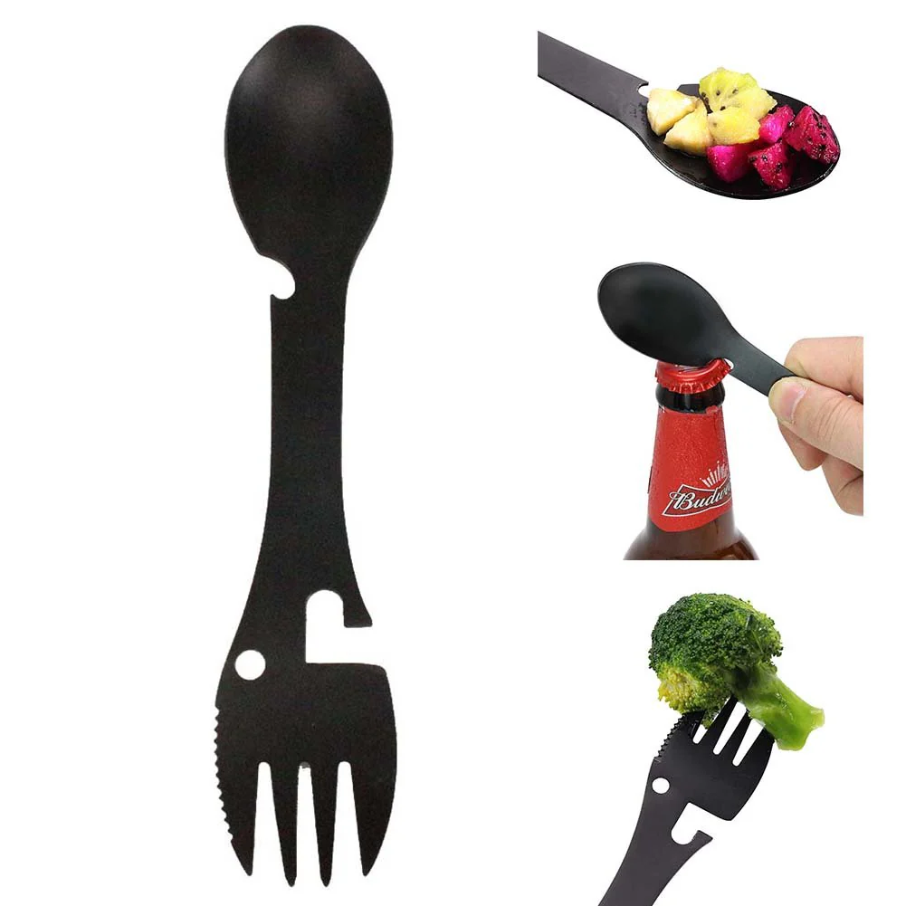 Table Spoon Fork Multitool Portable Can Or Bottle Opener Multi Tool Cutlery Spork Camping Picnic Utensil Stainless Steel