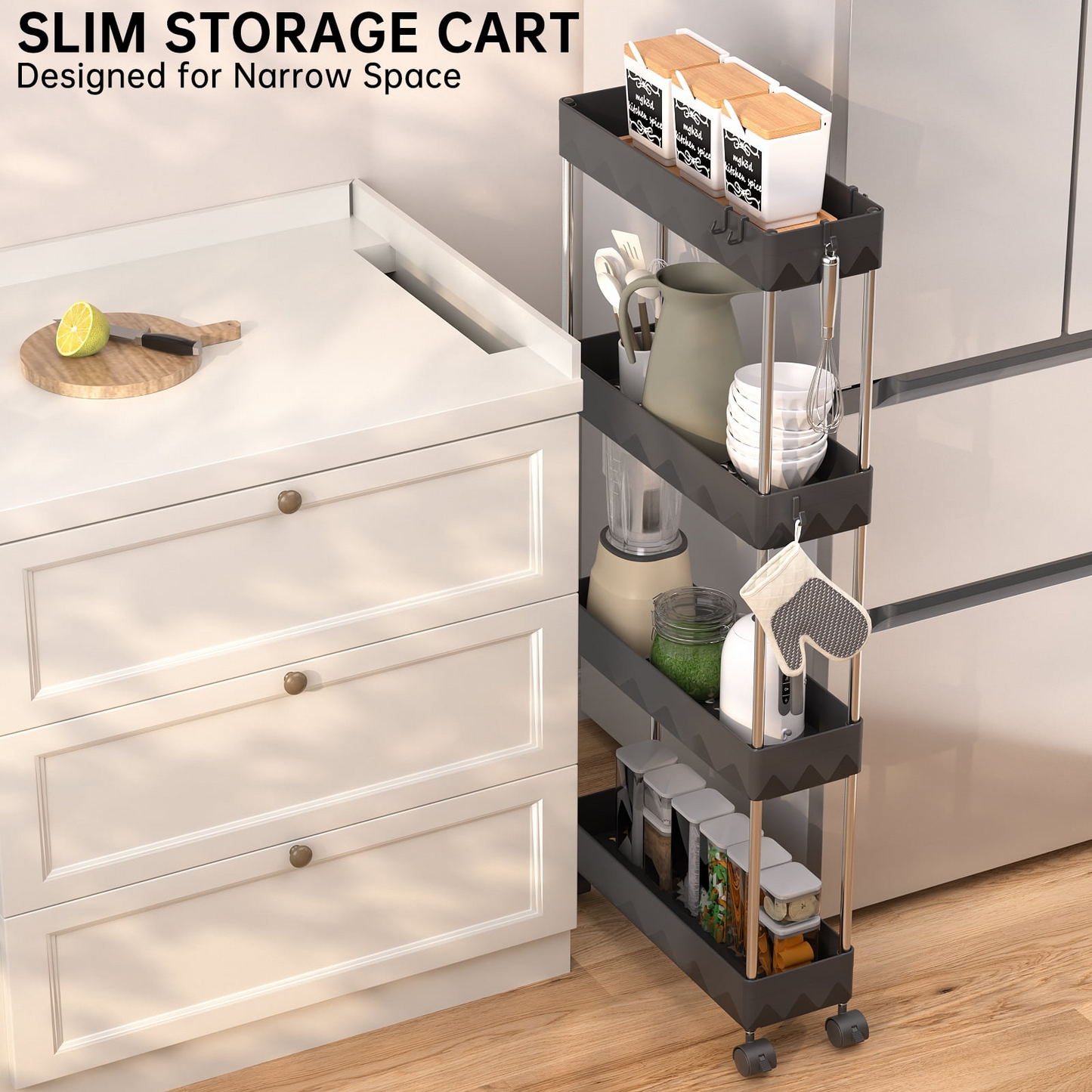 4 Tier Slim Rolling Storage Cart, Bathroom Storage Organizer, AS-23