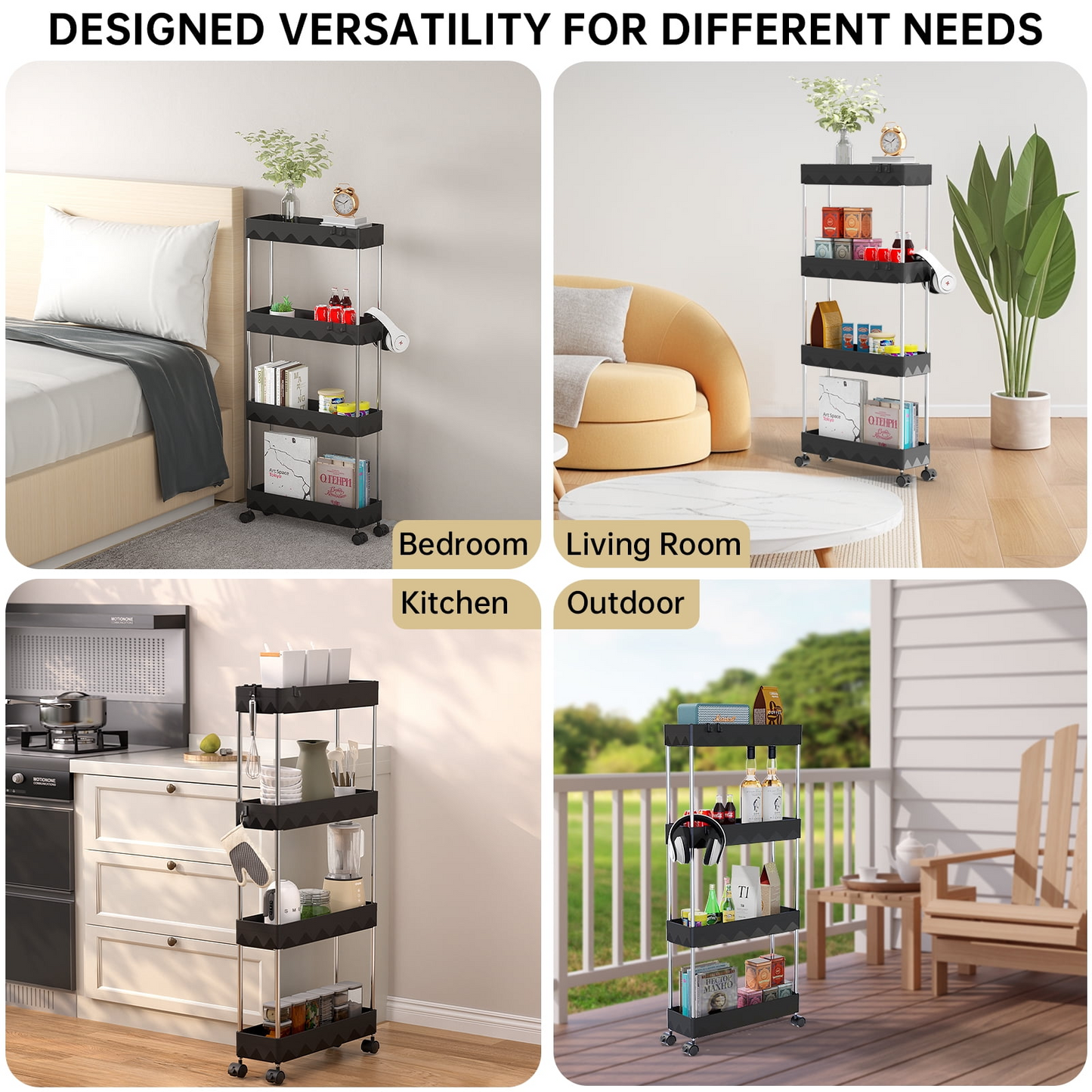 4 Tier Slim Rolling Storage Cart, Bathroom Storage Organizer, AS-23