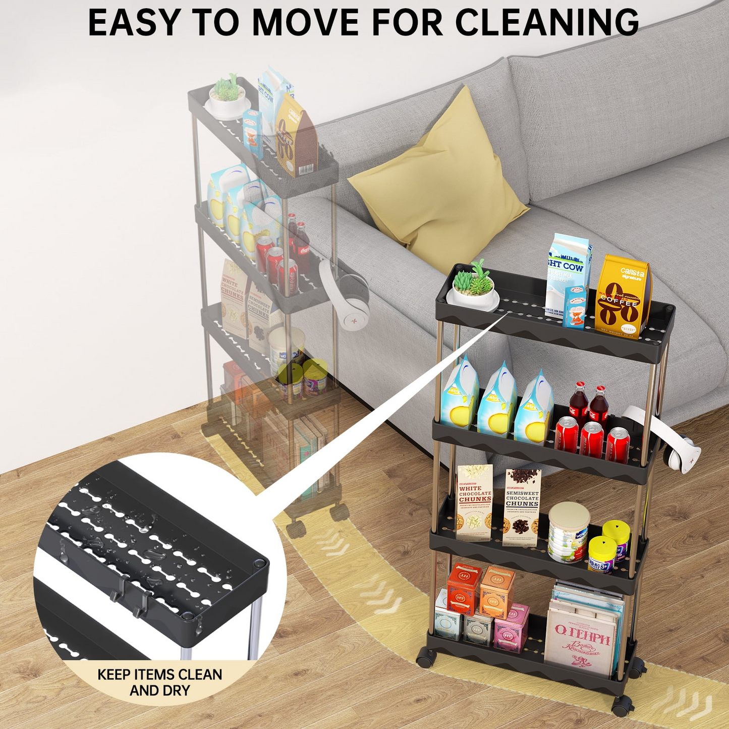 4 Tier Slim Rolling Storage Cart, Bathroom Storage Organizer, AS-23