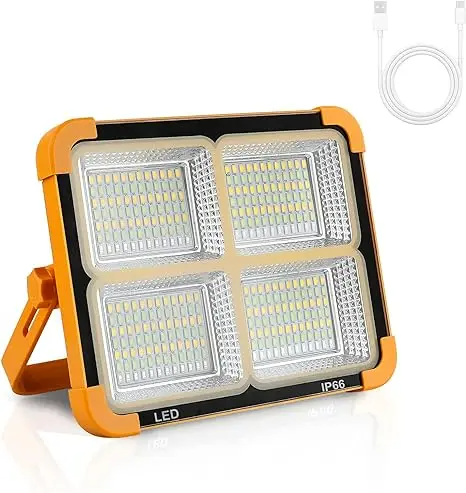 The IP66 rechargeable work light has adjustable LED lighting for outdoor use during camping, emergencies, and car repairs.