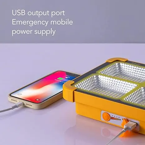 The IP66 rechargeable work light has adjustable LED lighting for outdoor use during camping, emergencies, and car repairs.