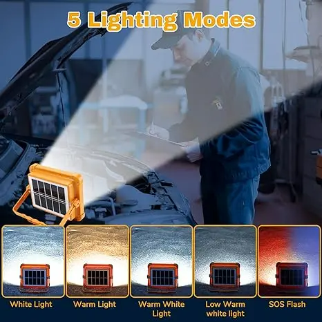 The IP66 rechargeable work light has adjustable LED lighting for outdoor use during camping, emergencies, and car repairs.