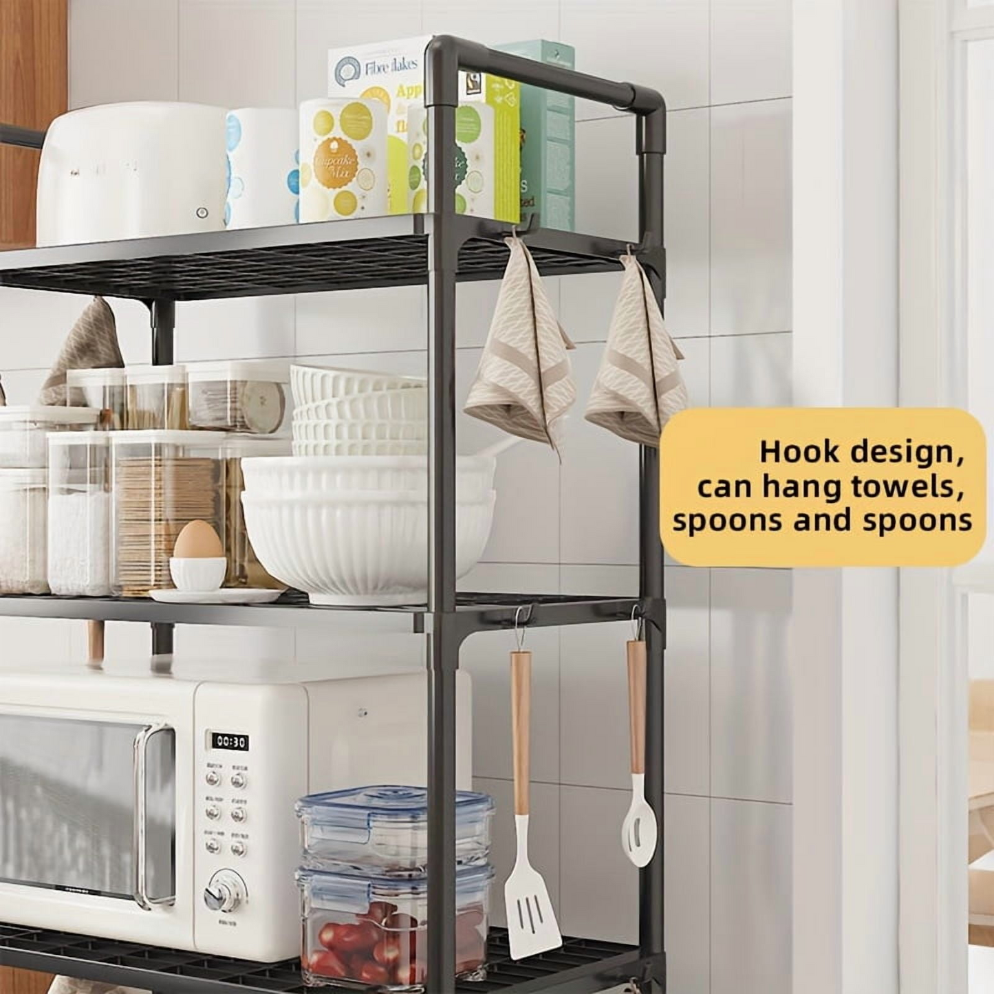 Multifunctional Kitchen Shelf, Microwave Stand Countertop Shelf with Hooks